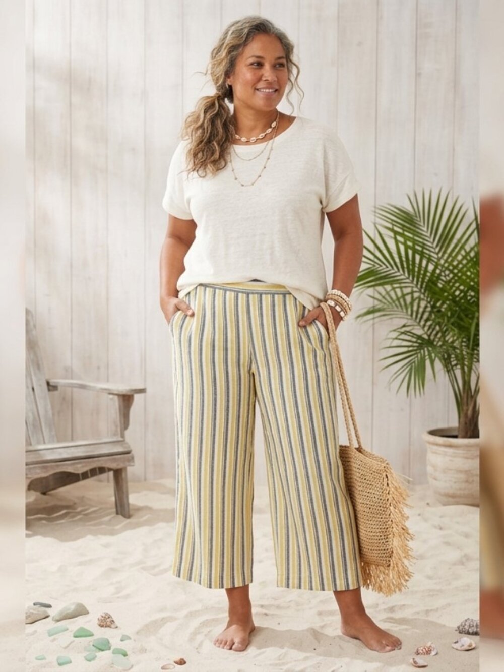 ELLEN TRACY Linen Pull-On Pants Wide-Leg Cropped White/Yellow/Grey Striped XL